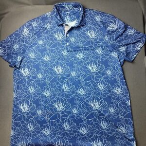 johnnie-O Polo Shirt Mens 2XL Blue White Floral Print Performance Stretch Golf